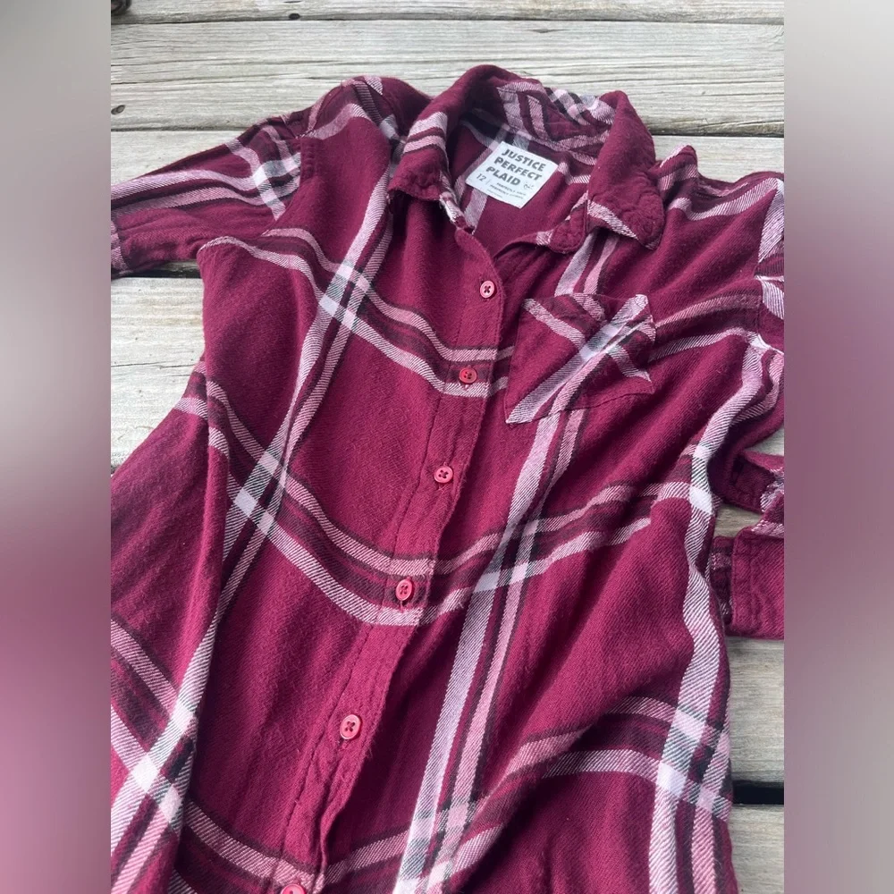 Justice “Perfect Plaid” Girls' Maroon Red Flannel Soft Button-Up Shirt Sz 12